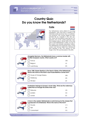 Vorschaugrafik 1 für das  Arbeitsblatt Country Quiz: Do you know the Netherlands? von Lehrermaterial.de.