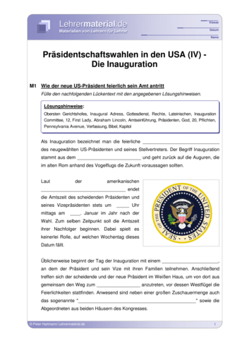 Vorschaugrafik für das  Arbeitsblatt Präsidentschaftswahlen in den USA (IV) - Die Inauguration von Lehrermaterial.de