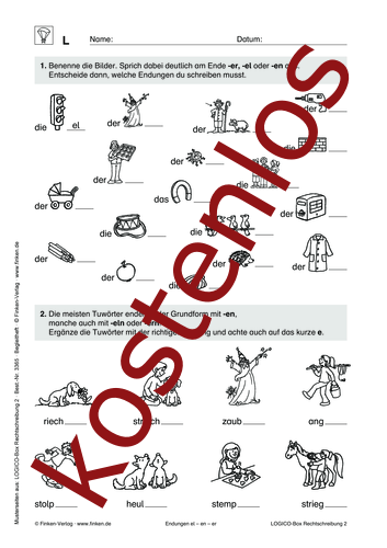 Vorschaugrafik 1 für das kostenlose Arbeitsblatt LOGICO-Box: Endungen el – en – er von Lehrermaterial.de.