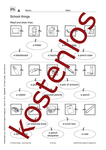 Vorschaugrafik 1 für das kostenlose Arbeitsblatt LOGICO-Box: School things von Lehrermaterial.de.
