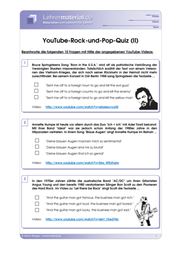 Vorschaugrafik 1 für das  Arbeitsblatt YouTube-Rock-und-Pop-Quiz (II) von Lehrermaterial.de.