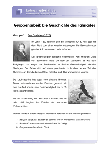 Vorschaugrafik 1 für das  Arbeitsblatt Gruppenarbeit: Die Geschichte des Fahrrades von Lehrermaterial.de.