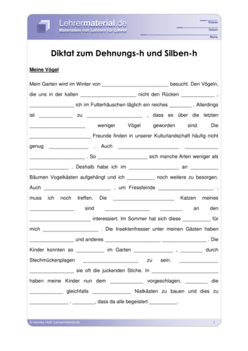 Vorschaugrafik 1 für das  Arbeitsblatt Diktat zum Dehnungs-h und Silben-h von Lehrermaterial.de.