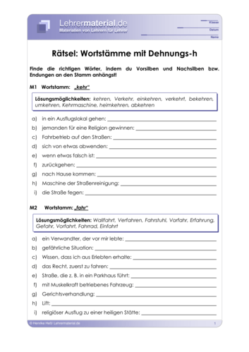 Vorschaugrafik 1 für das  Arbeitsblatt Rätsel: Wortstämme mit Dehnungs-h von Lehrermaterial.de.