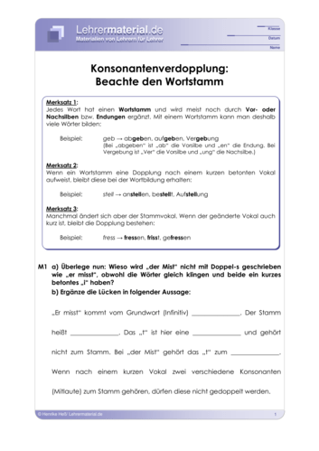 Vorschaugrafik 1 für das  Arbeitsblatt Konsonantenverdopplung: Beachte den Wortstamm von Lehrermaterial.de.