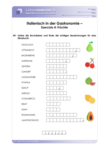 Vorschaugrafik für das  Arbeitsblatt Italienisch in der Gastronomie – Esercizio 4: Früchte von Lehrermaterial.de