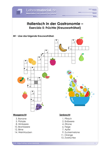Vorschaugrafik 1 für das  Arbeitsblatt Italienisch in der Gastronomie – Esercizio 5: Früchte (Kreuzworträtsel) von Lehrermaterial.de.