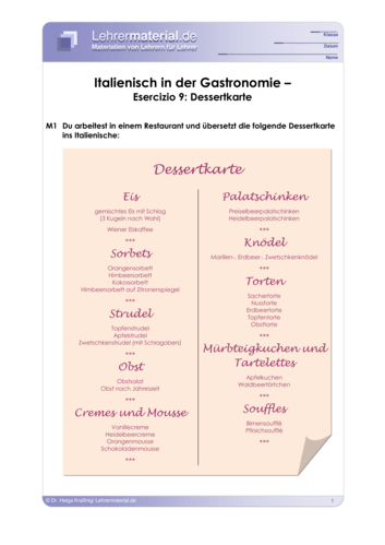 Vorschaugrafik 1 für das  Arbeitsblatt Italienisch in der Gastronomie – Esercizio 9: Dessertkarte von Lehrermaterial.de.