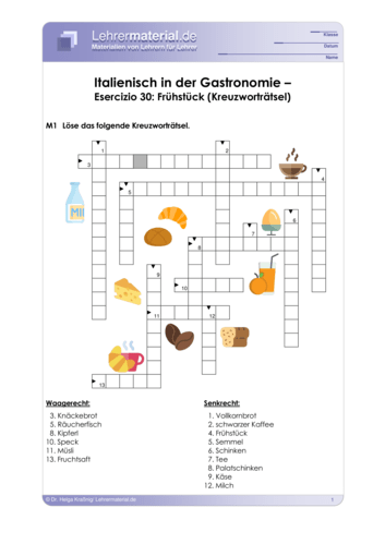 Vorschaugrafik 1 für das  Arbeitsblatt Italienisch in der Gastronomie – Esercizio 30: Frühstück (Kreuzworträtsel) von Lehrermaterial.de.