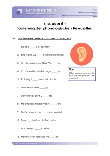 Vorschaugrafik 1 für das  Arbeitsblatt s, ss oder ß – Förderung der phonologischen Bewusstheit von Lehrermaterial.de.