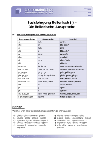 Vorschaugrafik 1 für das  Arbeitsblatt Basislehrgang Italienisch (I) – Die italienische Aussprache von Lehrermaterial.de.
