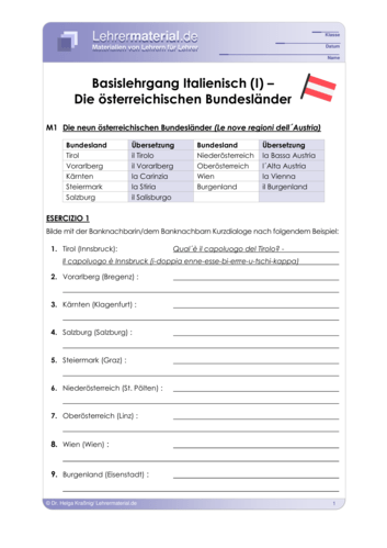 Vorschaugrafik 1 für das  Arbeitsblatt Basislehrgang Italienisch (I) – Die österreichischen Bundesländer von Lehrermaterial.de.