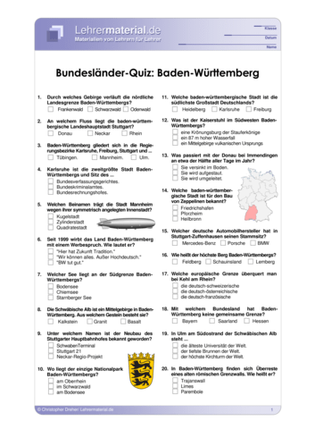 Vorschaugrafik 1 für das  Arbeitsblatt Bundesländer-Quiz: Baden-Württemberg von Lehrermaterial.de.