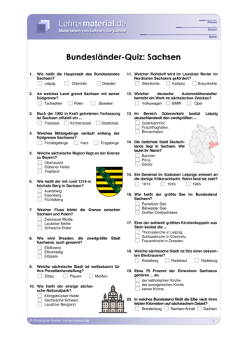 Vorschaugrafik 1 für das  Arbeitsblatt Bundesländer-Quiz: Sachsen von Lehrermaterial.de.