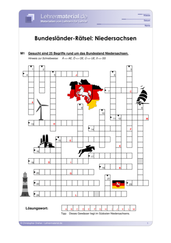 Vorschaugrafik 1 für das  Arbeitsblatt Bundesländer-Rätsel: Niedersachsen von Lehrermaterial.de.