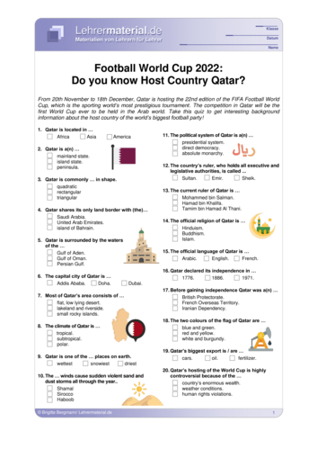 Vorschaugrafik 1 für das  Arbeitsblatt Football World Cup 2022: Do you know Host Country Qatar? von Lehrermaterial.de.