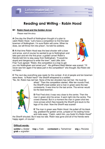 Detailseite für das  Arbeitsblatt Reading and Writing - Robin Hood öffnen