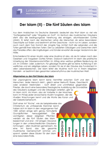 Vorschaugrafik 1 für das  Arbeitsblatt Der Islam (II) - Die fünf Säulen des Islam von Lehrermaterial.de.