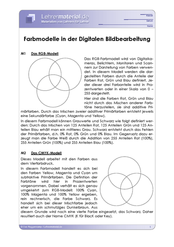 Vorschaugrafik für das  Arbeitsblatt Farbmodelle in der digitalen Bildbearbeitung von Lehrermaterial.de