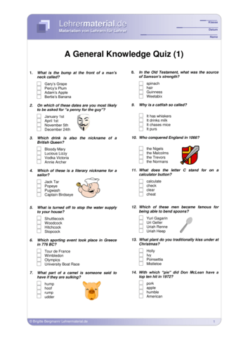 Vorschaugrafik für das  Arbeitsblatt A General Knowledge Quiz (1) von Lehrermaterial.de