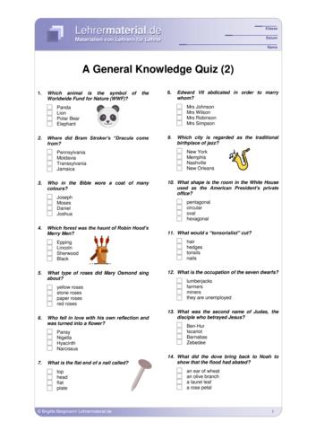 Vorschaugrafik 1 für das  Arbeitsblatt A General Knowledge Quiz (2)  von Lehrermaterial.de.