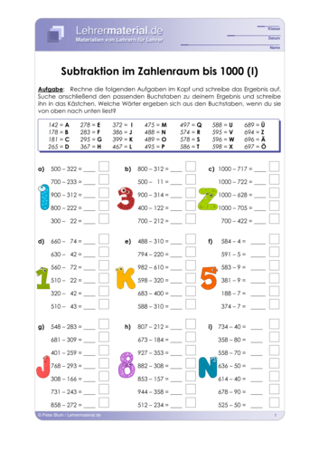 Vorschaugrafik für das  Arbeitsblatt Subtraktion im Zahlenraum bis 1000 (I) von Lehrermaterial.de