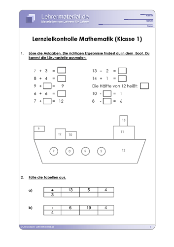 Vorschaugrafik 1 für das  Arbeitsblatt Lernzielkontrolle Mathematik (Klasse 1) von Lehrermaterial.de.