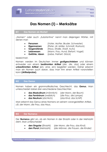 Vorschaugrafik 1 für das  Arbeitsblatt Das Nomen (I) - Merksätze von Lehrermaterial.de.