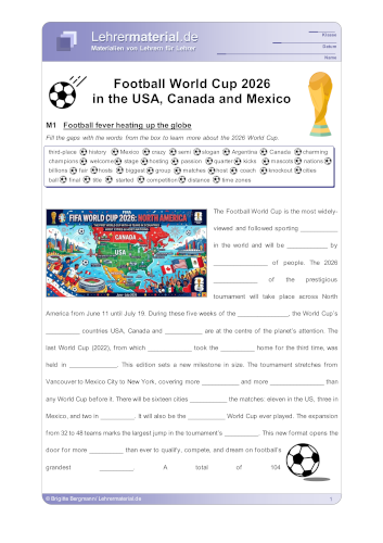 Detailseite für das  Arbeitsblatt Football World Cup 2026 in the USA, Canada and Mexico öffnen