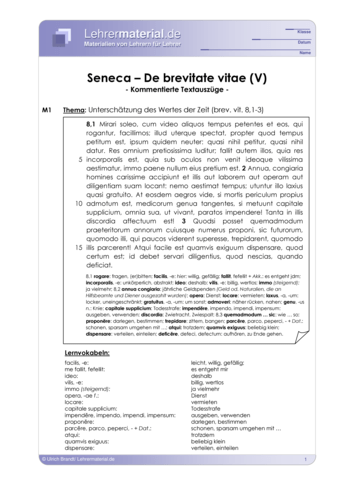 Vorschaugrafik 1 für das  Arbeitsblatt Seneca - De brevitate vitae (V) von Lehrermaterial.de.