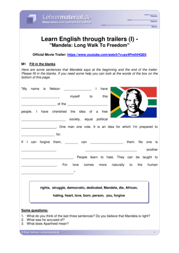 Vorschaugrafik 1 für das  Arbeitsblatt Learn English through trailers (I) - Mandela: Long Walk To Freedom von Lehrermaterial.de.