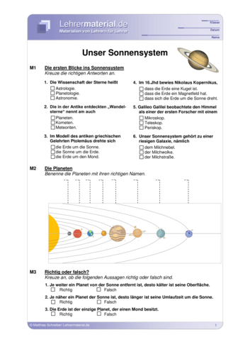 Vorschaugrafik 1 für das  Arbeitsblatt Unser Sonnensystem von Lehrermaterial.de.
