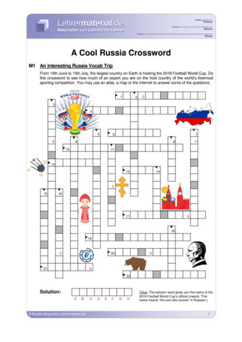 Vorschaugrafik 1 für das  Arbeitsblatt A Cool Russia Crossword von Lehrermaterial.de.