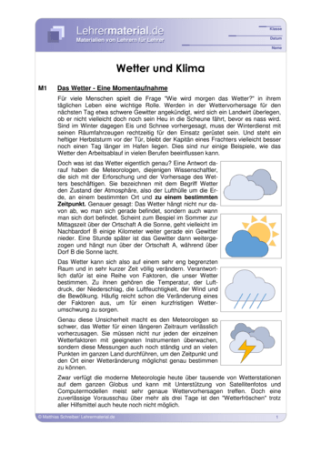 Vorschaugrafik 1 für das  Arbeitsblatt Wetter und Klima von Lehrermaterial.de.