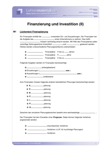 Vorschaugrafik 1 für das  Arbeitsblatt Finanzierung und Investition (II) von Lehrermaterial.de.