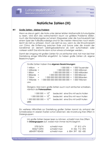 Vorschaugrafik 1 für das  Arbeitsblatt Natürliche Zahlen (III) von Lehrermaterial.de.