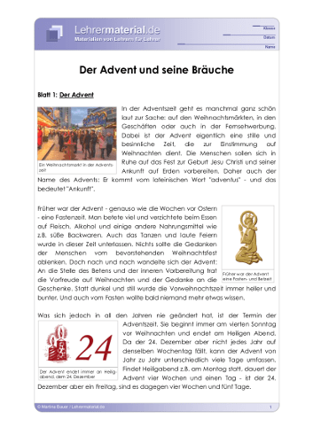 Vorschaugrafik 1 für das  Arbeitsblatt Der Advent und seine Bräuche von Lehrermaterial.de.