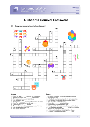 Vorschaugrafik 1 für das  Arbeitsblatt A Cheerful Carnival Crossword von Lehrermaterial.de.