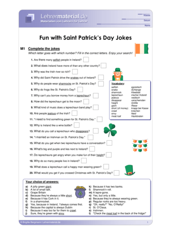 Vorschaugrafik 1 für das  Arbeitsblatt Fun with Saint Patrick’s Day Jokes  von Lehrermaterial.de.