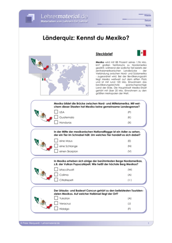 Vorschaugrafik 1 für das  Arbeitsblatt Länderquiz: Kennst du Mexiko? von Lehrermaterial.de.