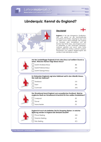 Vorschaugrafik 1 für das  Arbeitsblatt Länderquiz: Kennst du England? von Lehrermaterial.de.