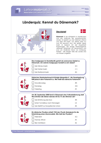 Vorschaugrafik 1 für das  Arbeitsblatt Länderquiz: Kennst du Dänemark? von Lehrermaterial.de.