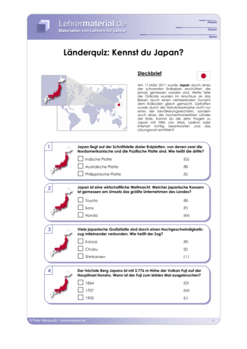 Vorschaugrafik 1 für das  Arbeitsblatt Länderquiz: Kennst du Japan? von Lehrermaterial.de.