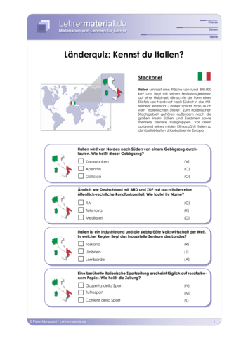 Vorschaugrafik 1 für das  Arbeitsblatt Länderquiz: Kennst du Italien? von Lehrermaterial.de.