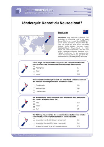 Vorschaugrafik 1 für das  Arbeitsblatt Länderquiz: Kennst du Neuseeland? von Lehrermaterial.de.