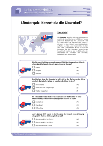 Vorschaugrafik 1 für das  Arbeitsblatt Länderquiz: Kennst du die Slowakei? von Lehrermaterial.de.
