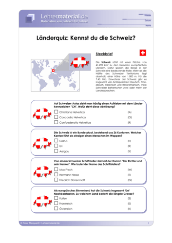 Vorschaugrafik 1 für das  Arbeitsblatt Länderquiz: Kennst du die Schweiz? von Lehrermaterial.de.
