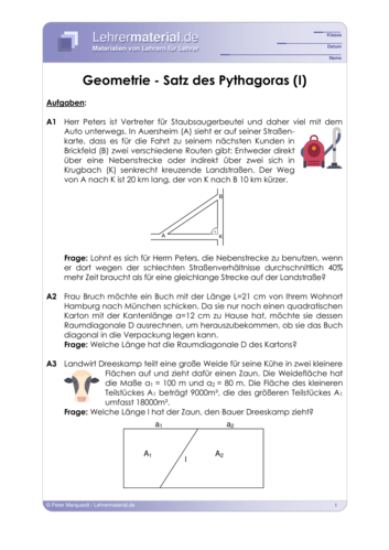 Vorschaugrafik 1 für das  Arbeitsblatt Geometrie - Satz des Pythagoras (I) von Lehrermaterial.de.