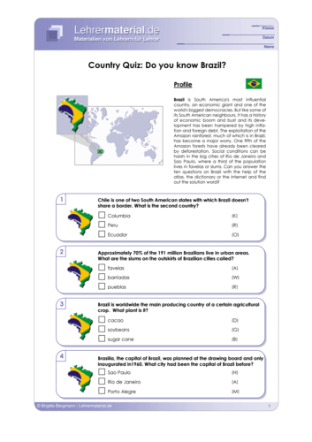 Vorschaugrafik 1 für das  Arbeitsblatt Country Quiz: Do you know Brazil? von Lehrermaterial.de.