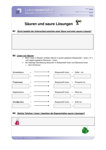 Vorschaugrafik 1 für das  Arbeitsblatt Säuren und saure Lösungen  von Lehrermaterial.de.
